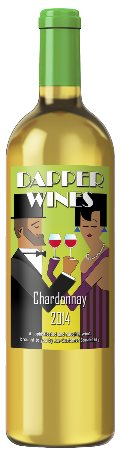 personalized custom wine label of 20's era couple in formal wear toasting with wine glasses