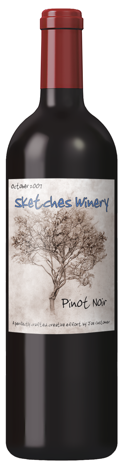 sepia toned custom wine label with pencil drawing of bare tree