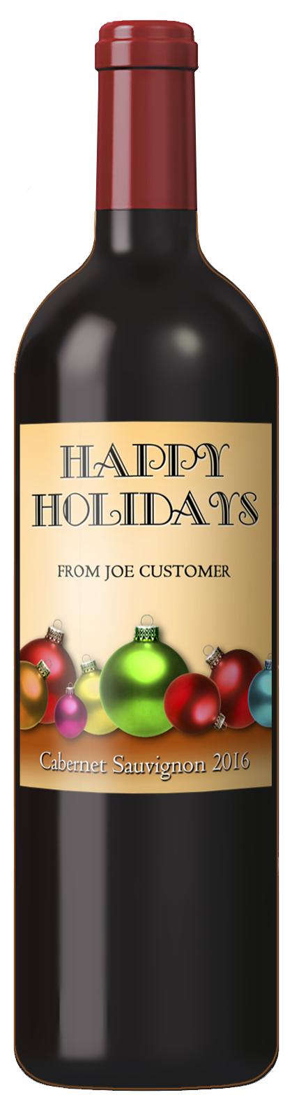 Christmas custom wine label with shiny Christmas ornaments