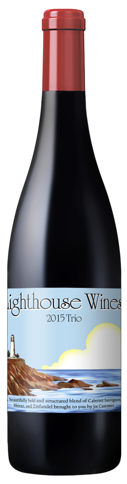 custom wine label with illustration of lighthouse on a cliff