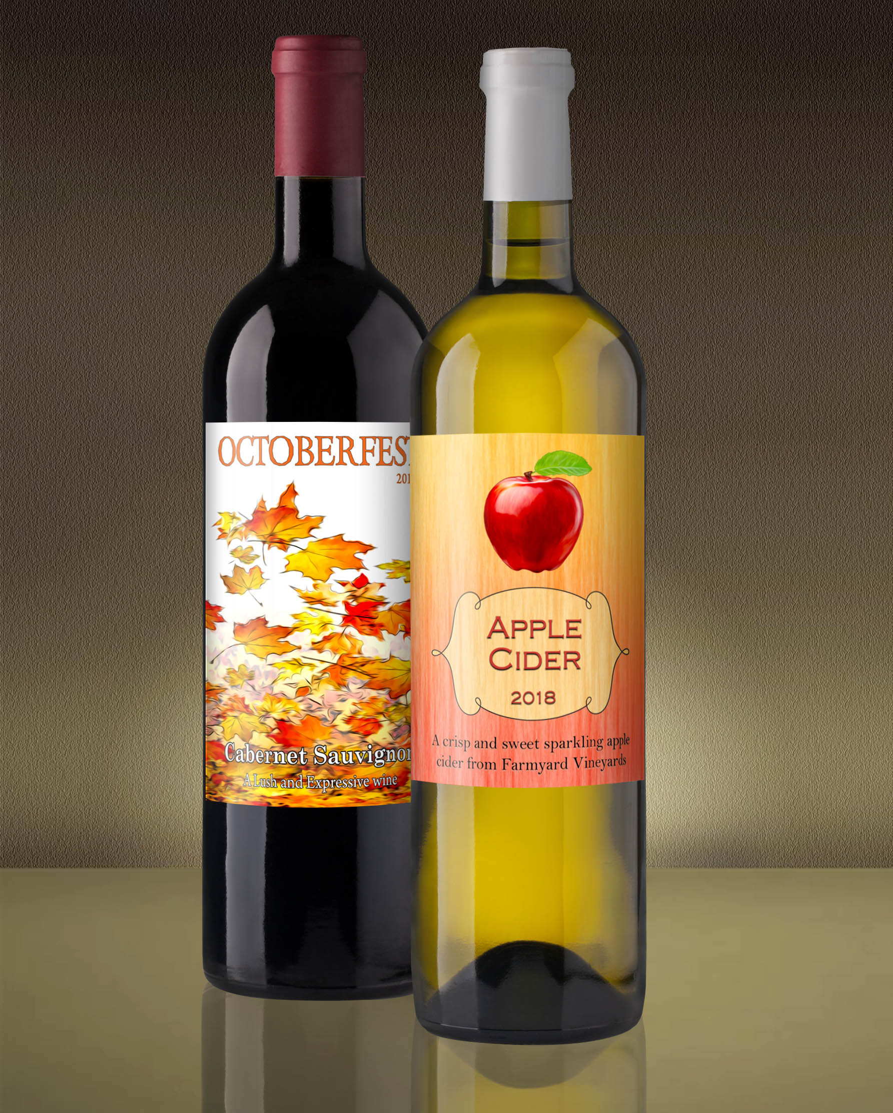 Autumn custom wine label templates with colorful fall leaves and apple cider