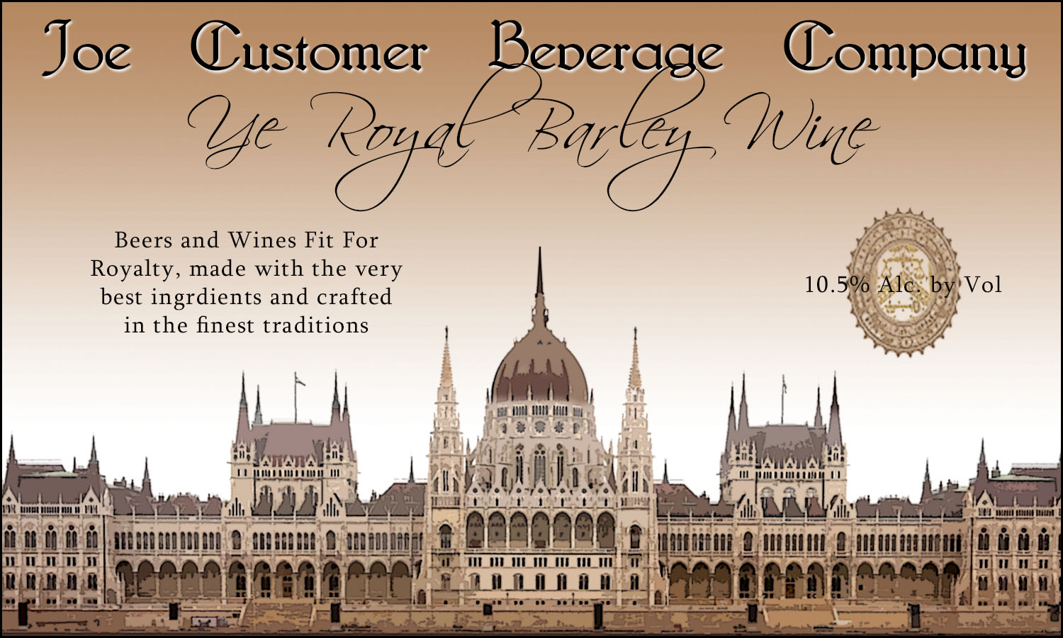 custom reusable beer label with illustration of faux money bill showing castle