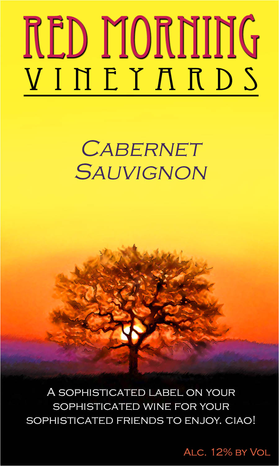 custom wine labels showing a colorful setting sun behind a silhouetted tree