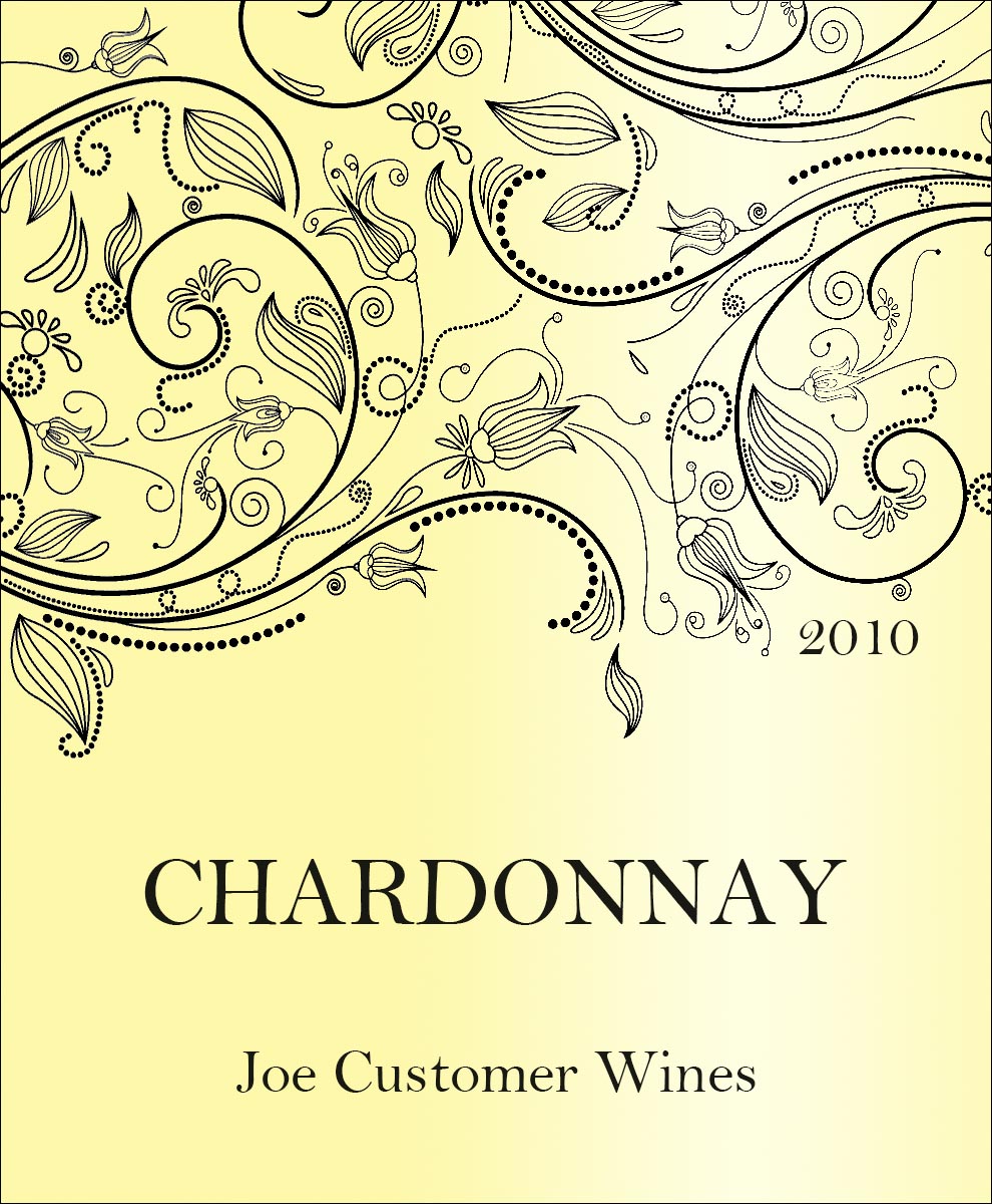 reusable custom wine label with shiny yellow background and elegant swirly flowers