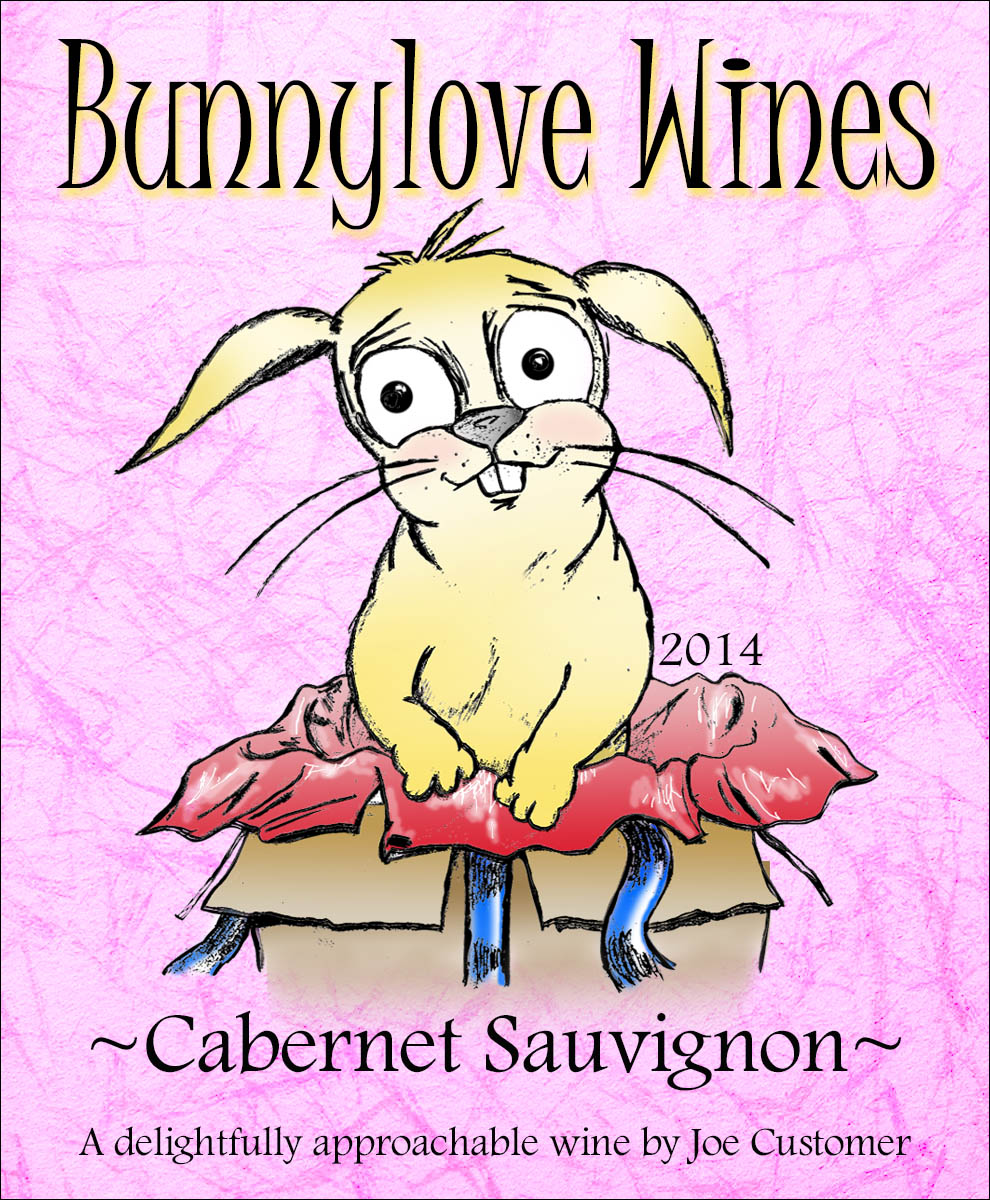 custom wine labels with cute bunny popping out of a gift box