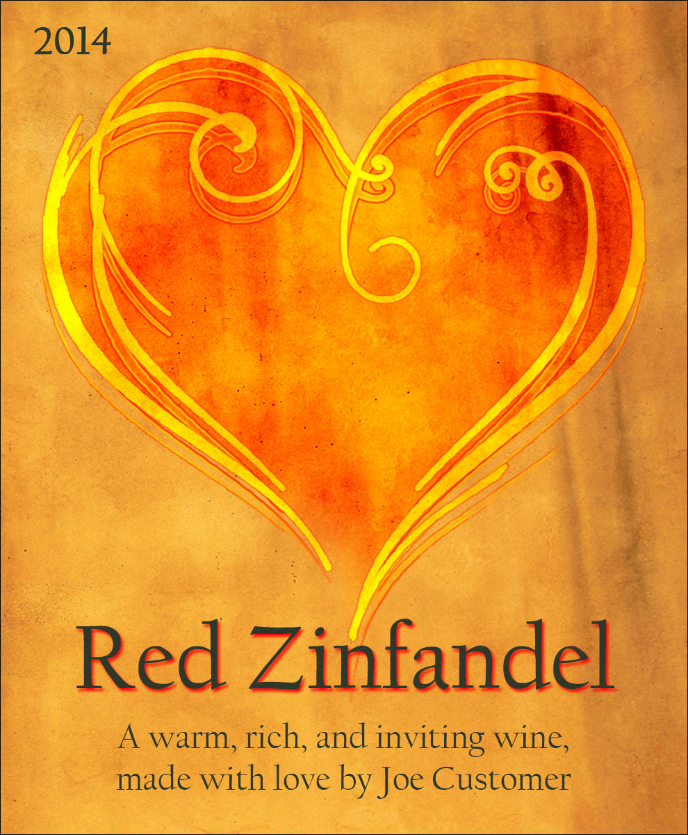 custom wine label of a swirly and colorful red and gold heart design