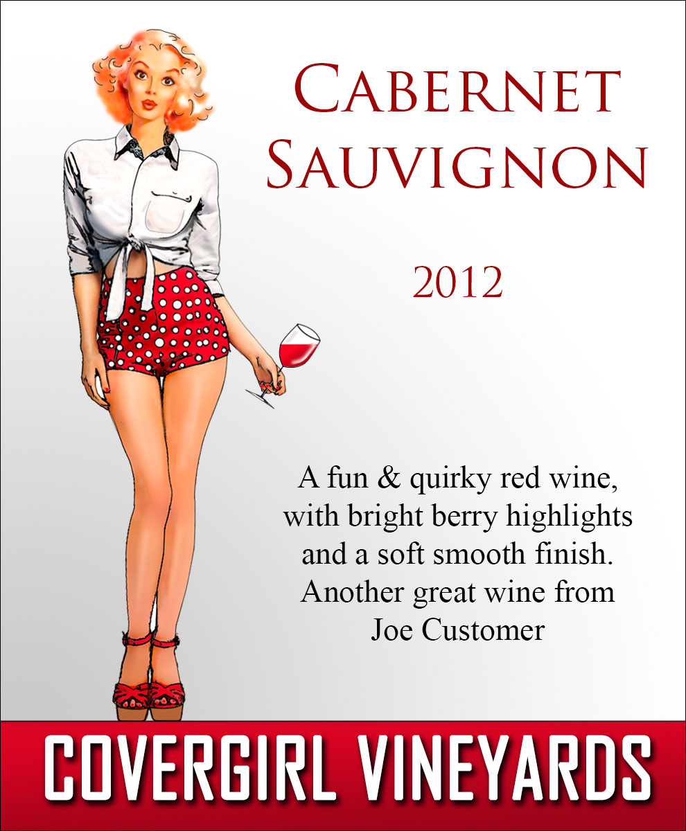 Custom reusable wine label with modern style pin-up girl holding a glass of wine