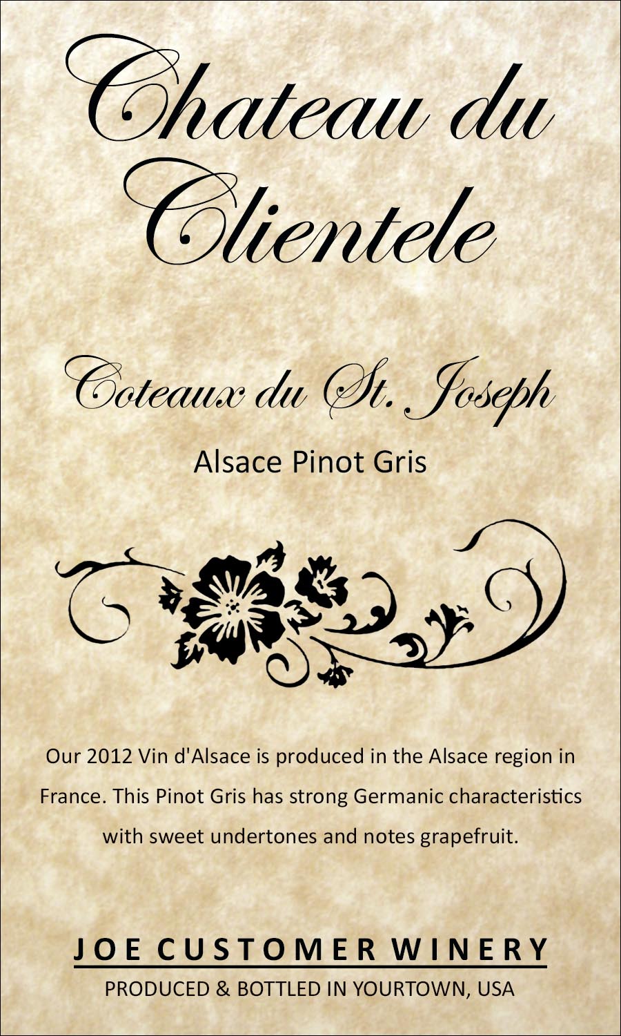 Classic French reusable custom wine label featuring elegant script and design, on parchment paper