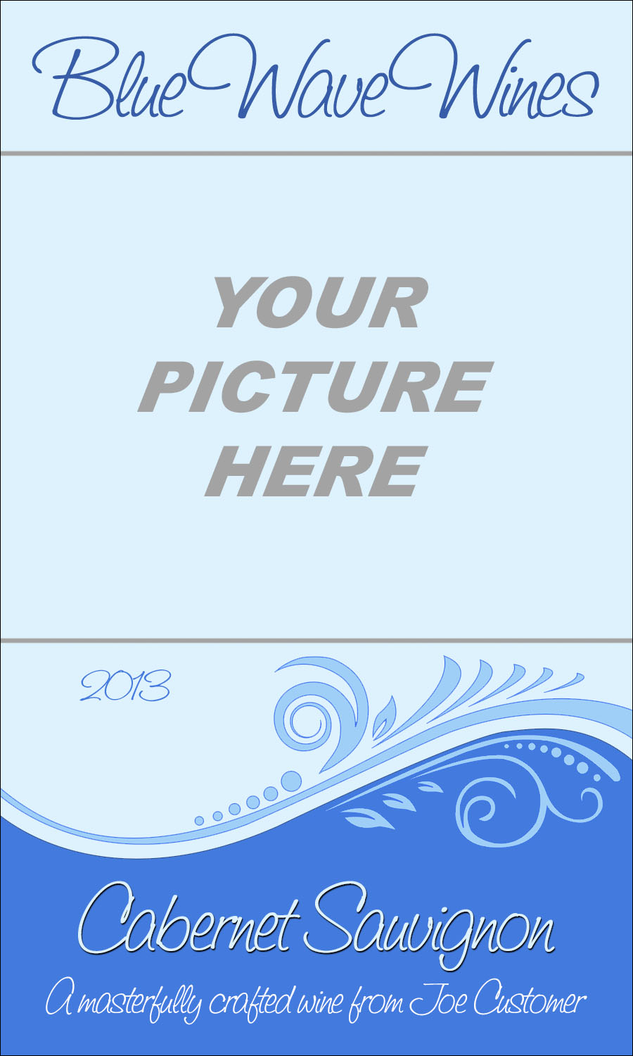 custom wine label intended for you to upload your own image, with blue background and swirly design