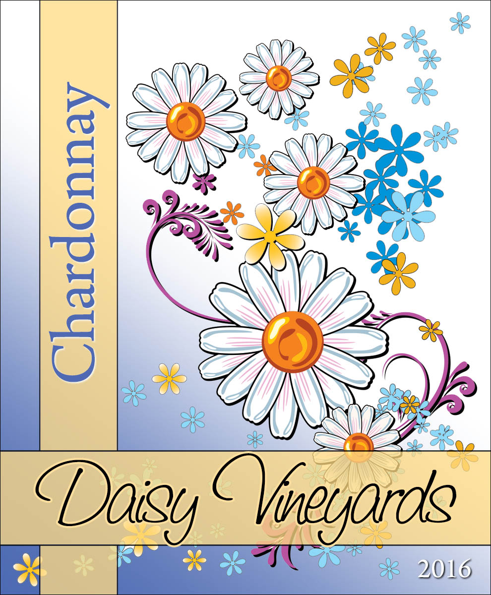 Custom reusable wine labels with bright daisy flowers and gold ribbons