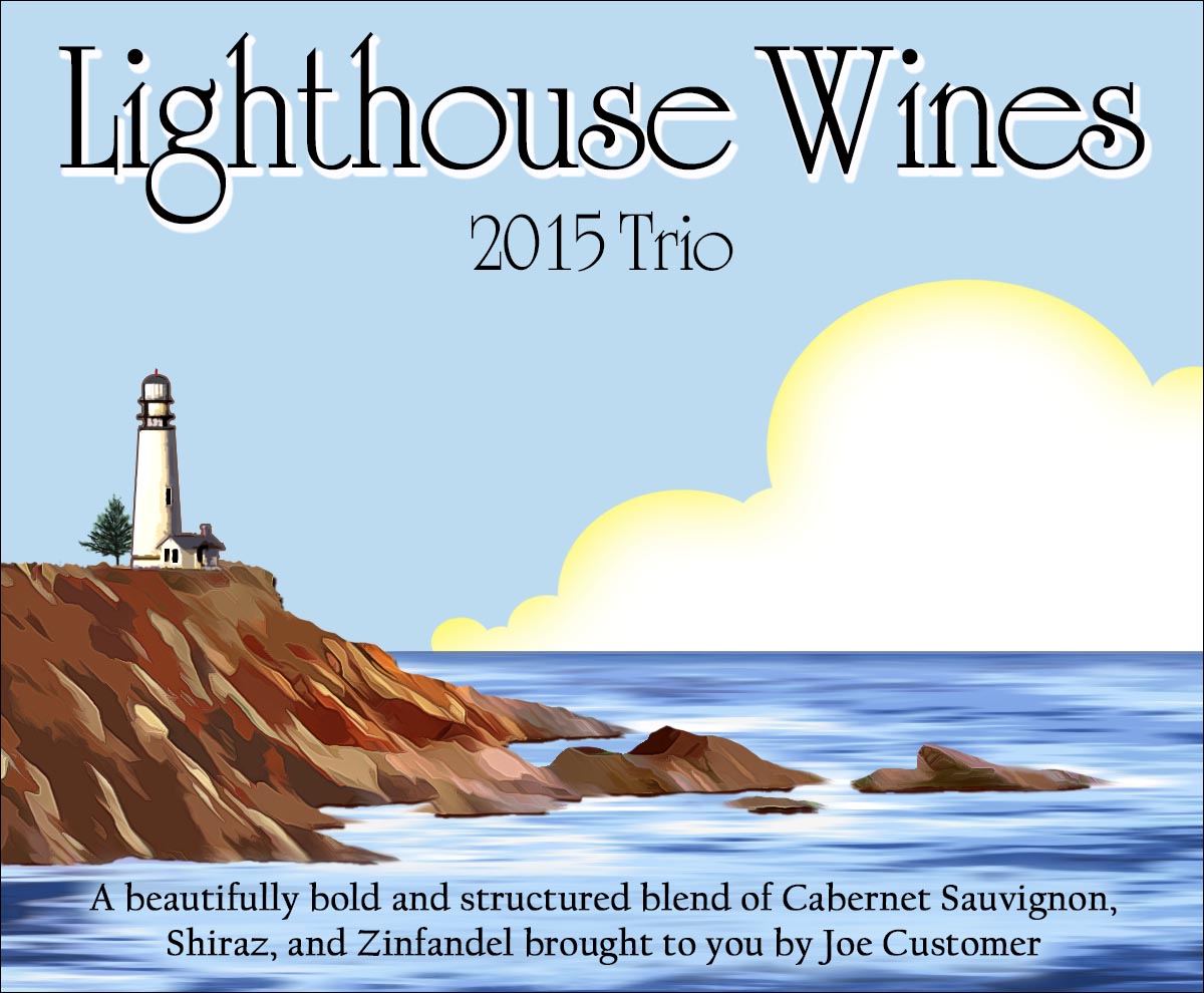 Lighthouse illustration with a sunny sky on these custom wine labels