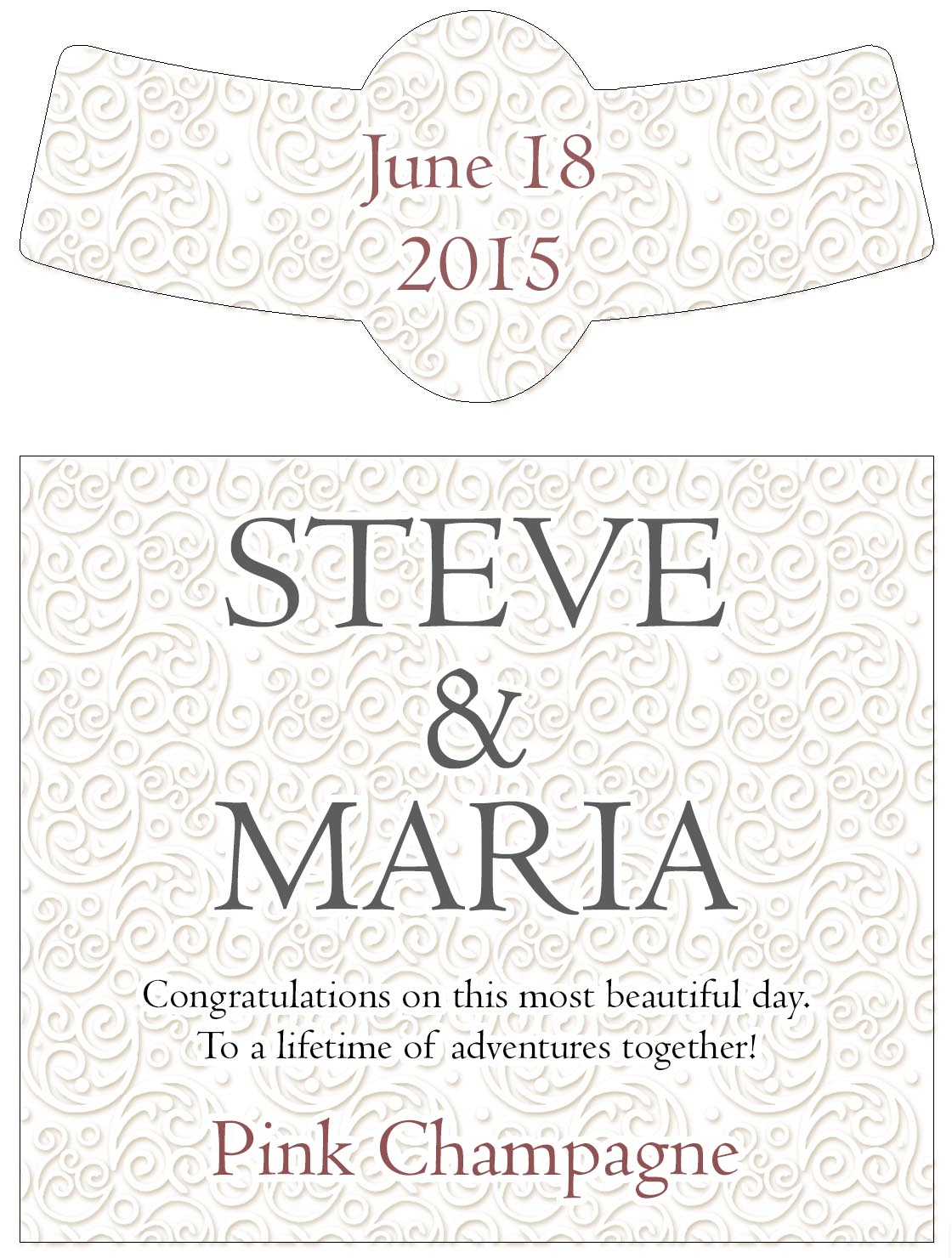 A swirly design custom wedding wine labels on a pure white background