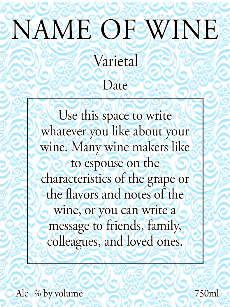 blue swirls on reusable custom wine label