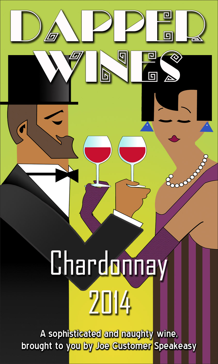 custom wine label showing Art Deco inspired artwork of man and woman in formal dress with wine glass