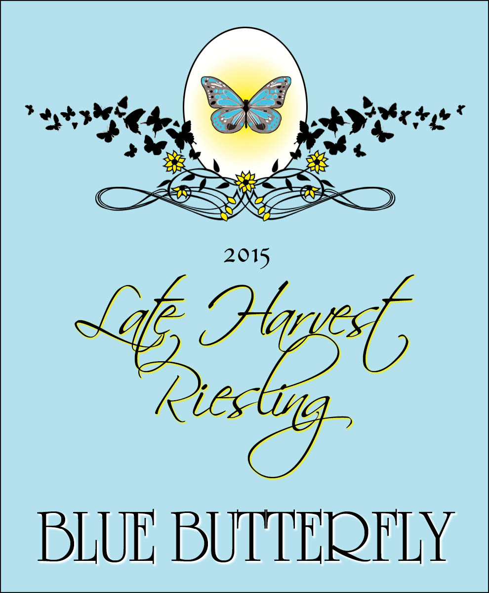 custom reusable personalized wine label with blue background and butterflies