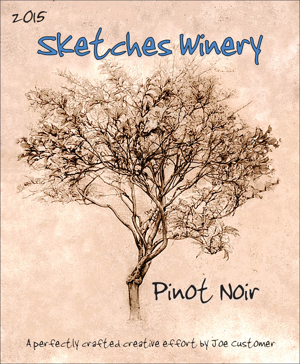 custom reusable wine label of sepia toned pencil drawing of tree