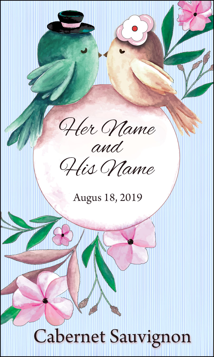 custom wedding wine label of two birds kissing for your personalized wine bottles