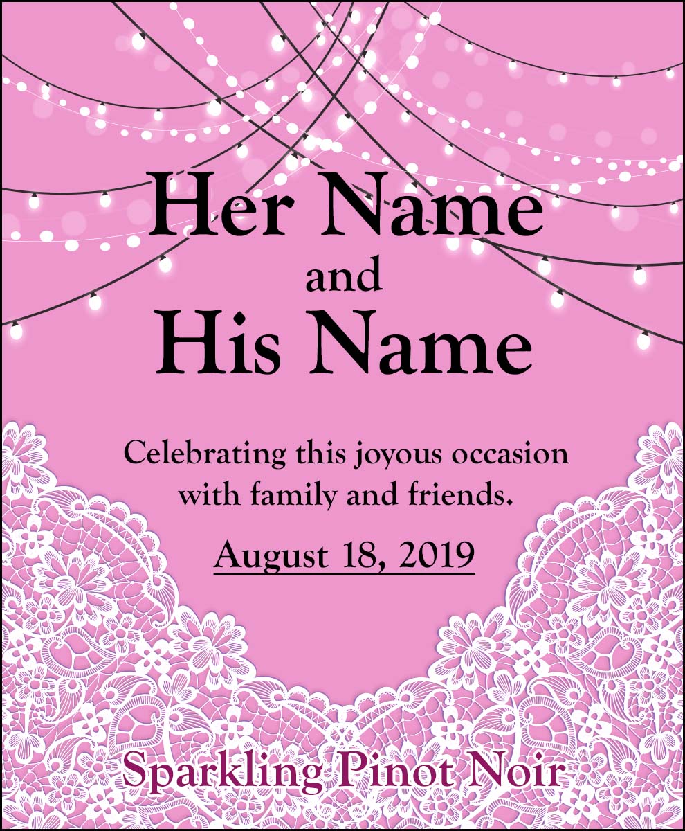 Pink personalized wine label with white lace and party lights for your personalized wine bottles