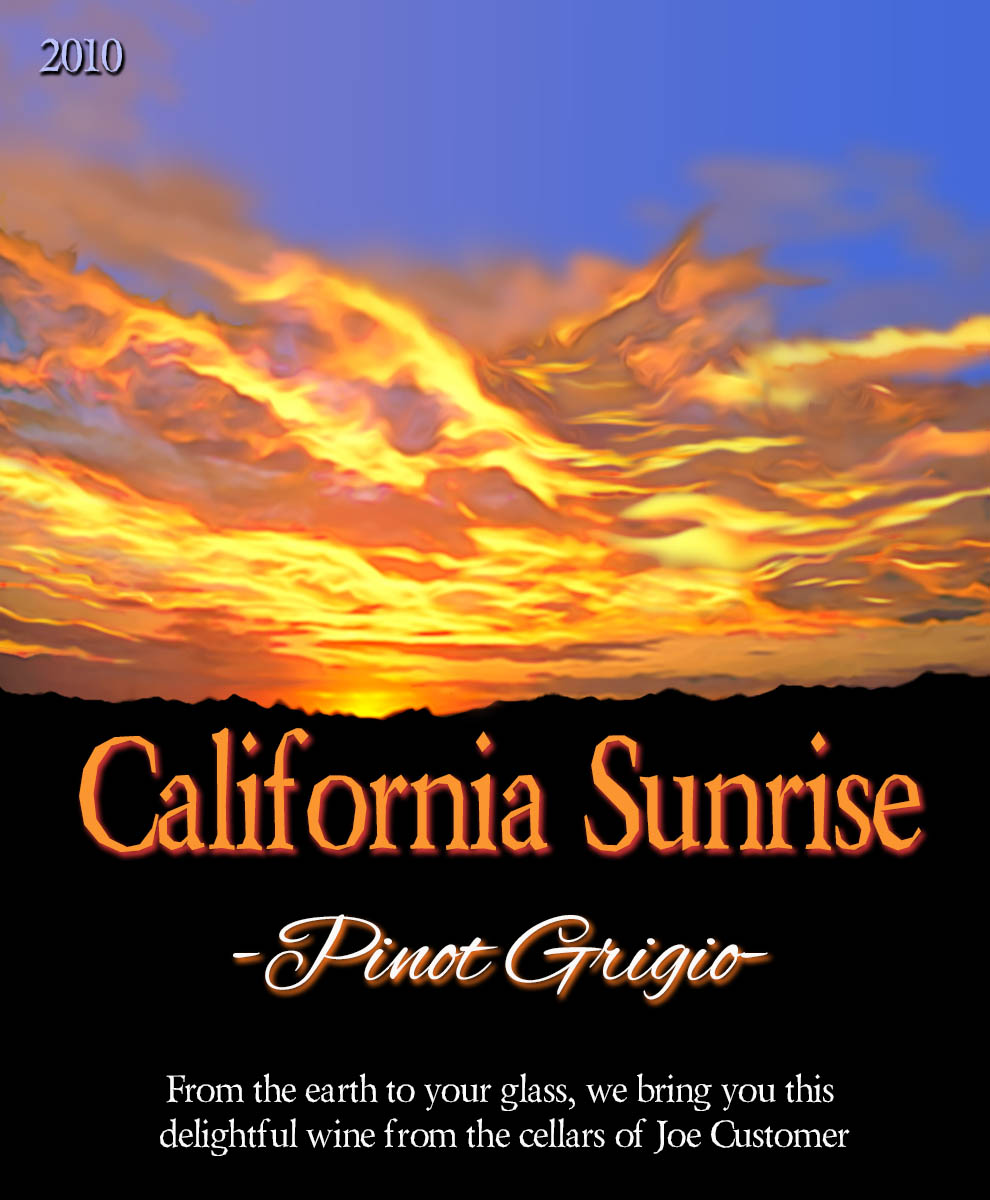 Custom wine label with a beautifully colorful sunset and a black silhouetted horizon