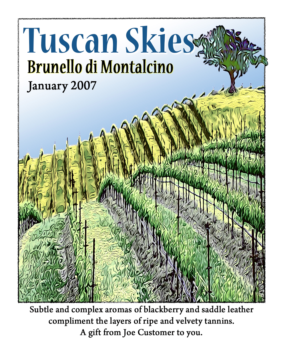 custom wine label with rolling vineyards